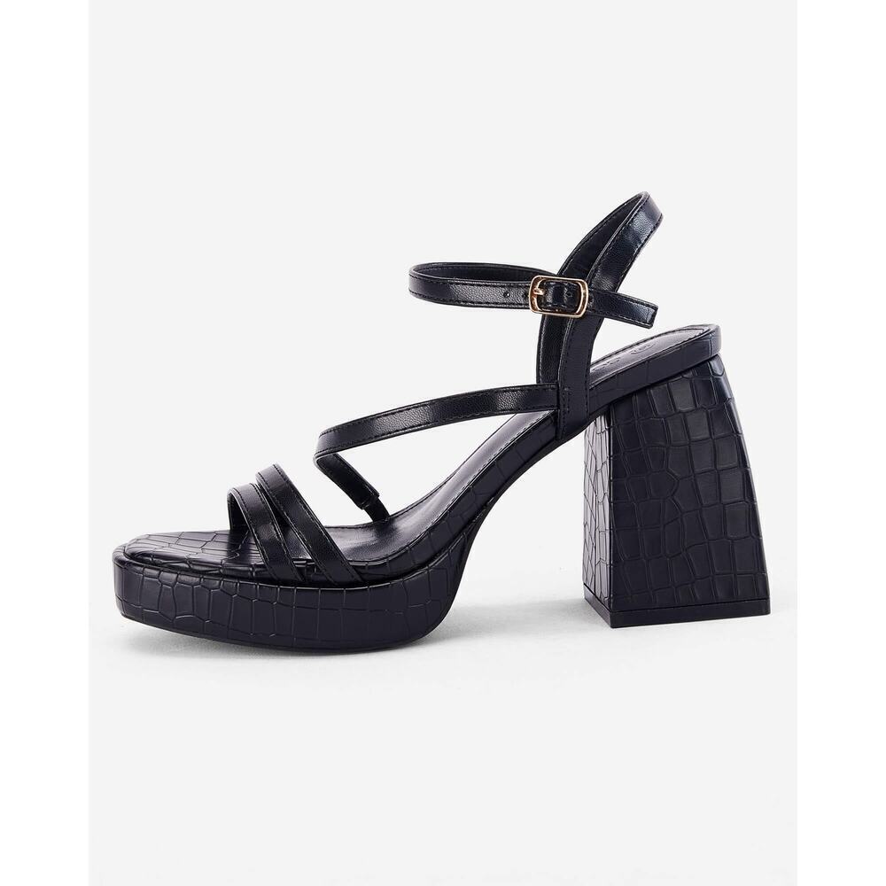 Coutgo Women's Platform Heels Sandals Chunky Square Open Toe Ankle Strap Black - Picture 2 of 5